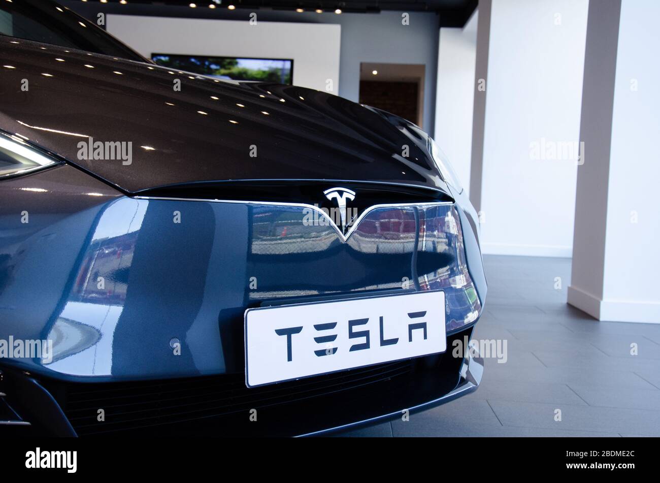 AUCKLAND, NEW ZEALAND - April 4, 2020: Silver Tesla Model S in auckland, new zealand showroom Stock Photo