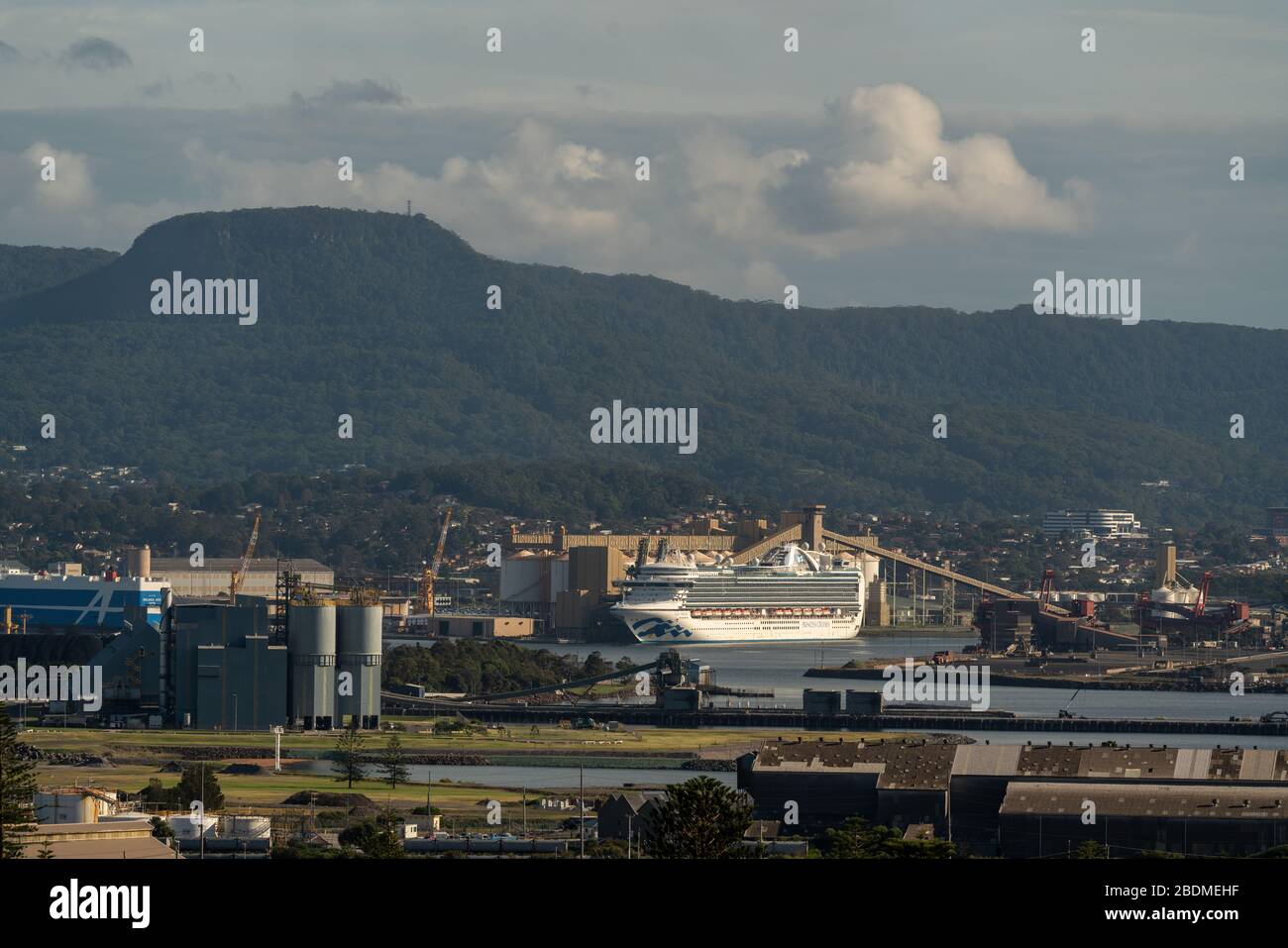 Port Kembla, NSW, Australia - April 9, 2020 Ruby Princess cruise ship with crew infected with COVID-19 docked in Port Kembla Harbour Stock Photo