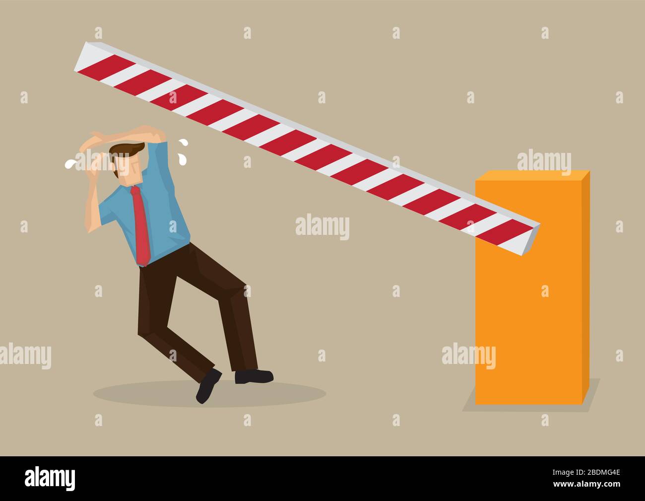 Cartoon man knocked off balance by automated bar barrier at boom gate. Vector illustration on concept for unexpected hazards and personal accidents is Stock Vector