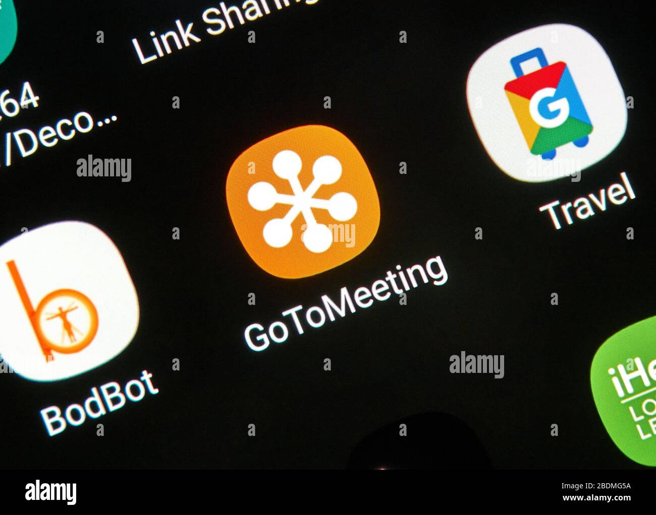 Montreal, Canada - April 8, 2020: GoToMeeting logo and app on cellphone screen. GoToMeeting is web service created and marketed by LogMeIn, It is an o Stock Photo