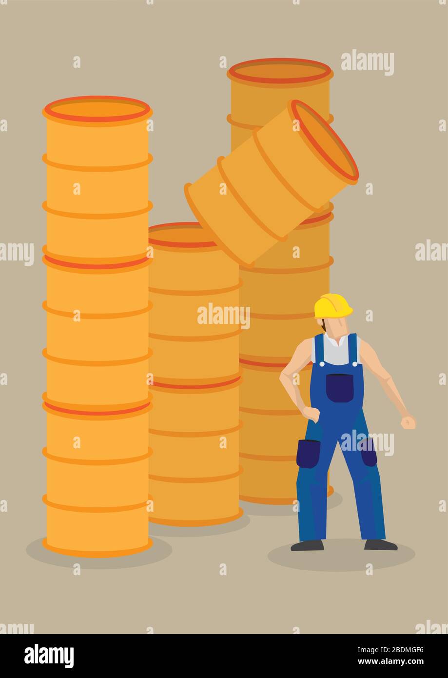 Worker under a falling barrel. Vector cartoon illustration on falling objects hazards and workplace accident concept isolated on plain background. Stock Vector