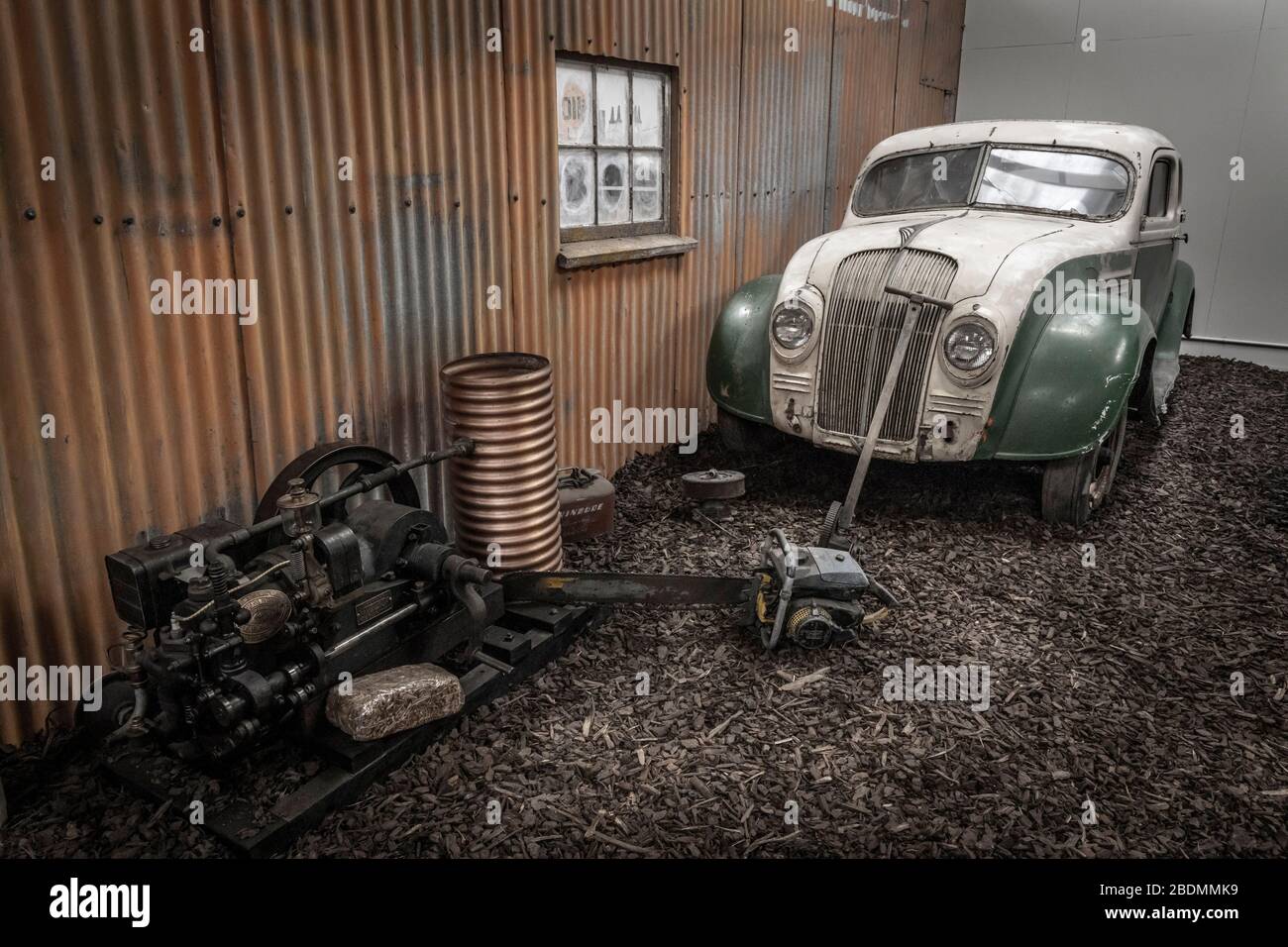 Vintage garage yard recreation at the Bill Richardson's Transport World at Invercargill, New Zealand. Stock Photo