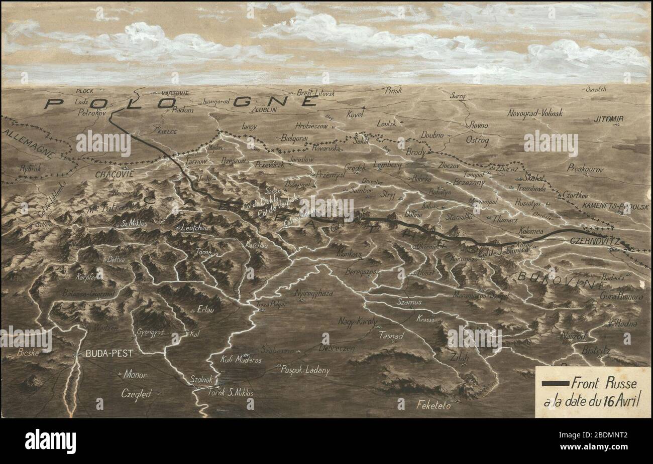 Hand-drawn bird's eye view map of the Eastern Front of World War I ...