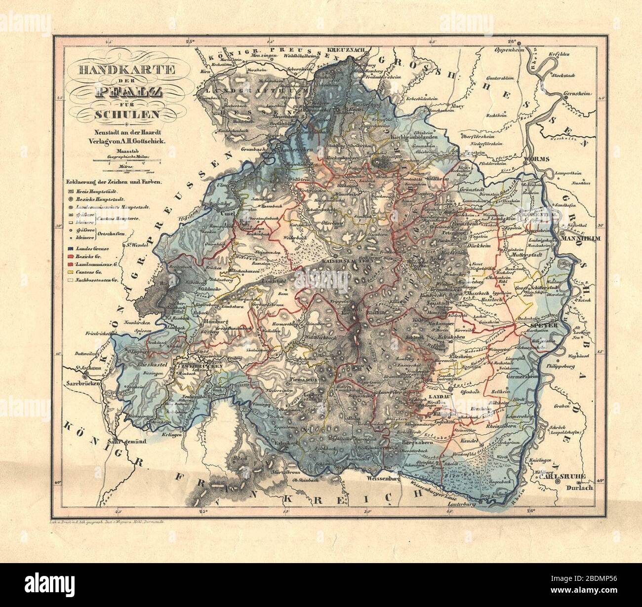 Handkarte der Pfalz für Schulen 1844. Stock Photo
