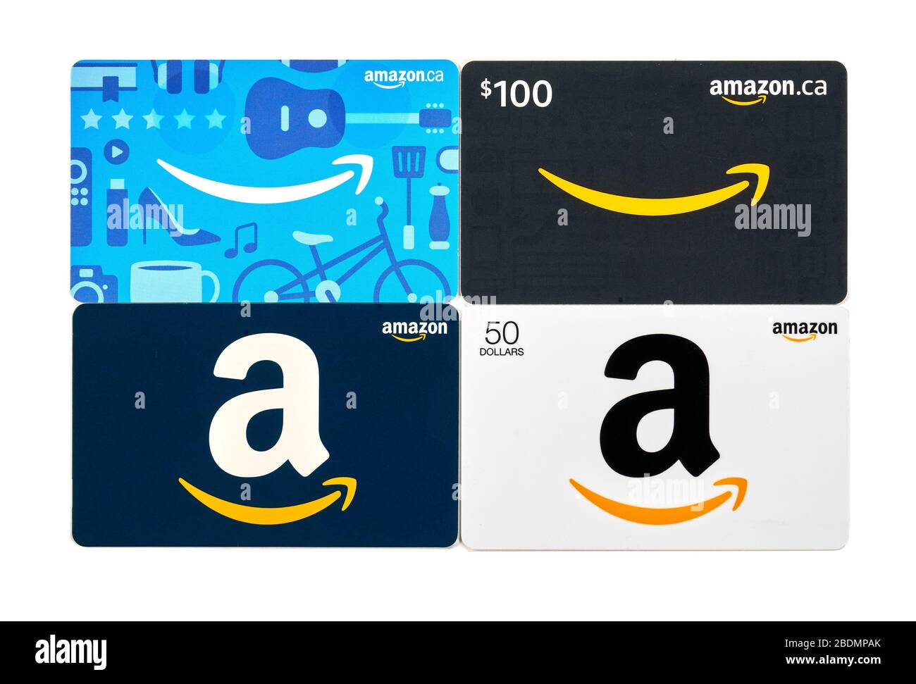 Montreal, Canada - April 6, 2020: Amazon gift cards. Amazon is a titan of e-commerce, logistics, payments, hardware, data storage, cloud computing, an Stock Photo