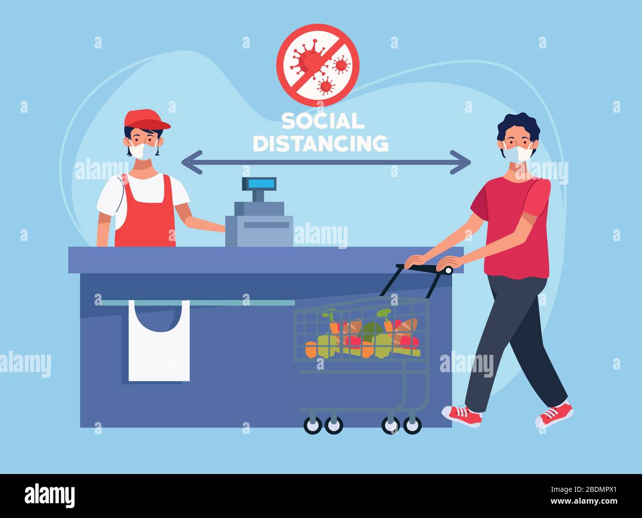 man using face mask in supermarket Stock Vector