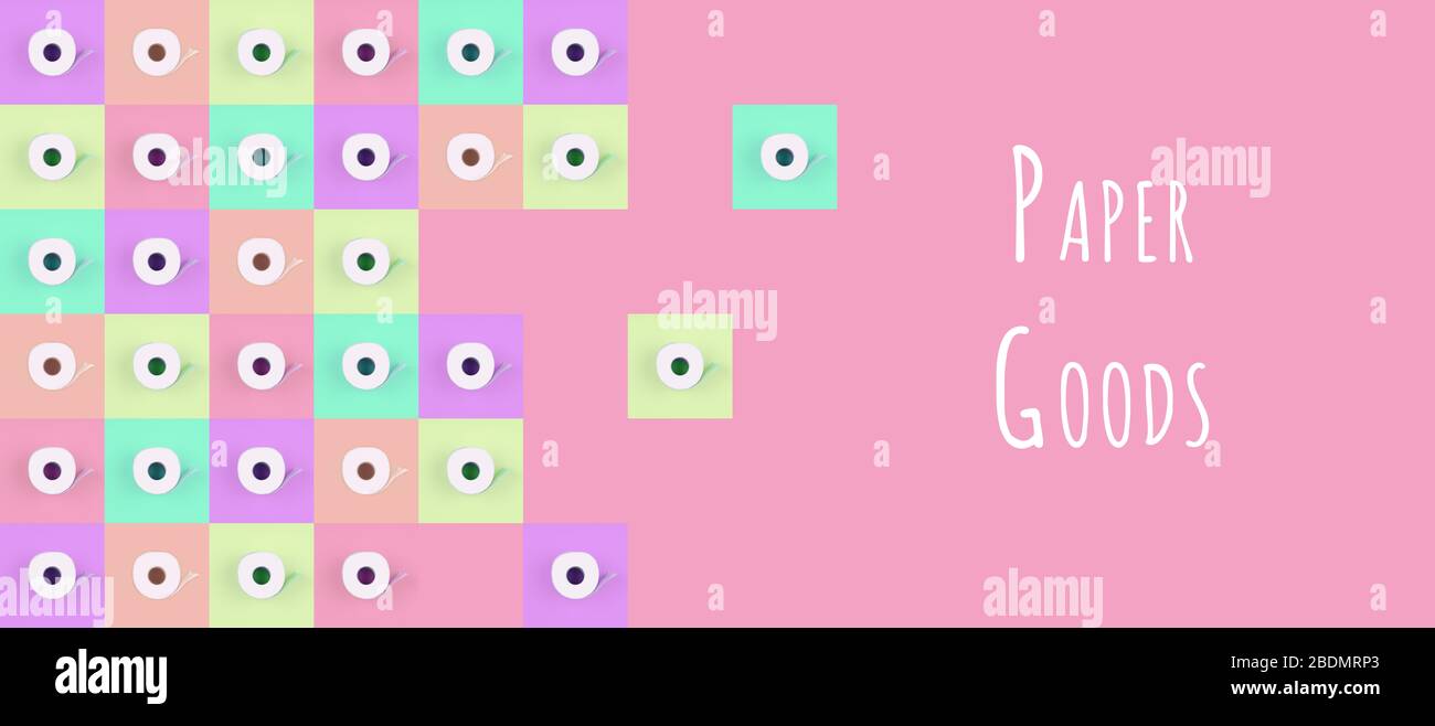 Pattern of toilet paper rolls on pastel multicolor tiles with Paper goods wording. Social distancing, shopping, options concept, bright colors, optimistic multipurpose drop. Banner format with text Stock Photo