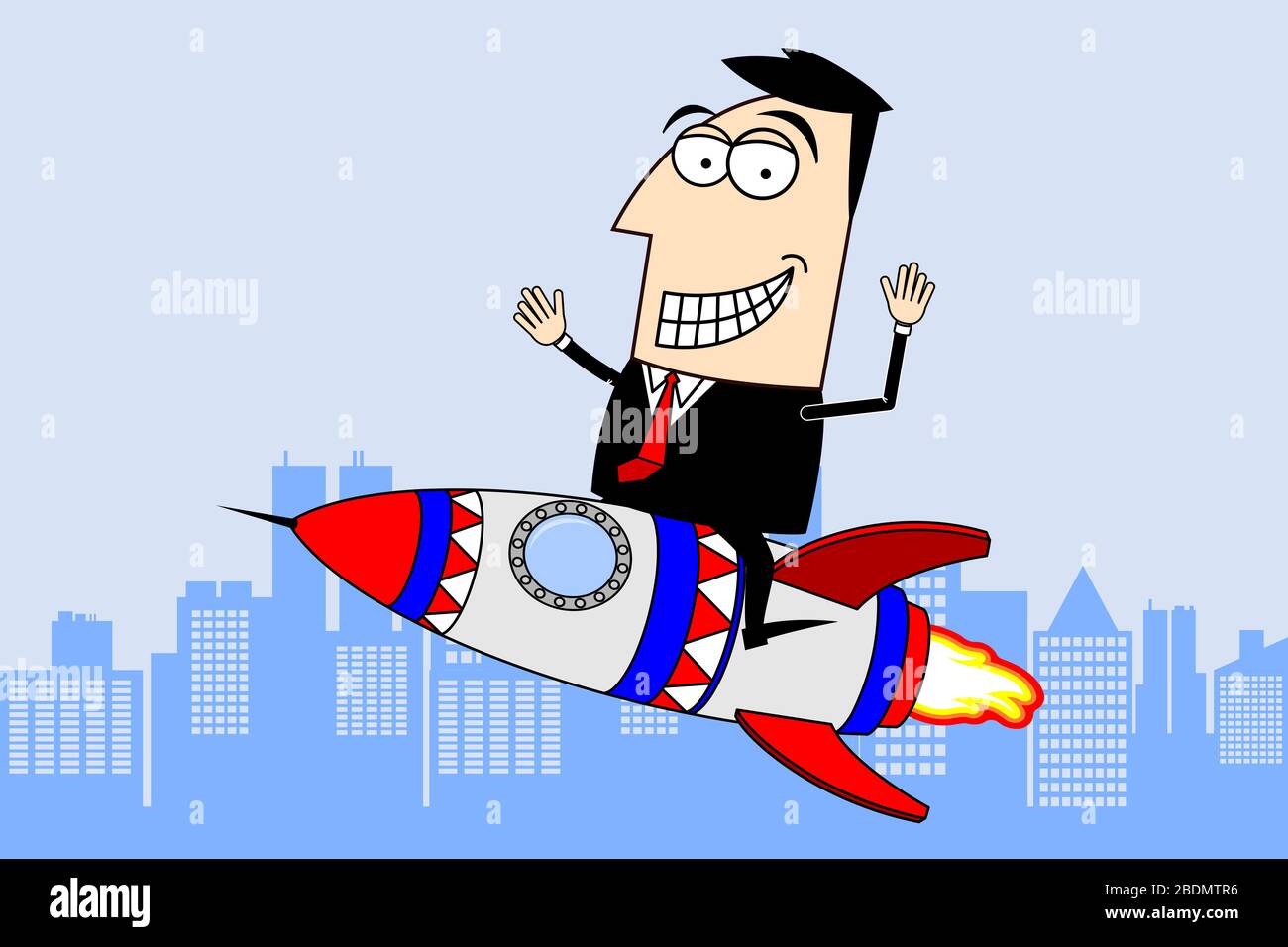 Cartoon businessman flying on a rocket Stock Photo - Alamy