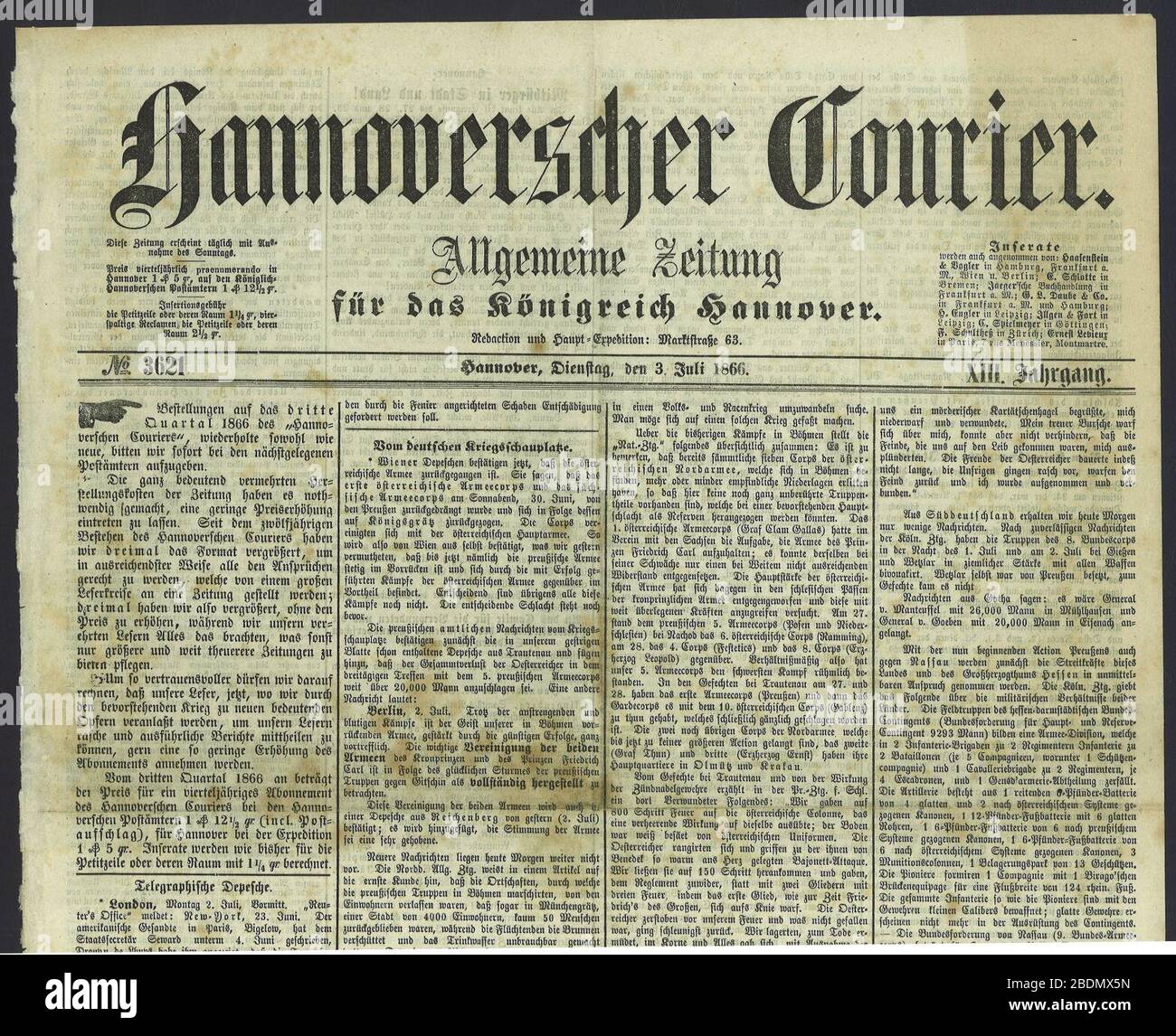Hannoverscher Kurier No. 03621, Seite 1 oben, 1866-07-03. Stock Photo
