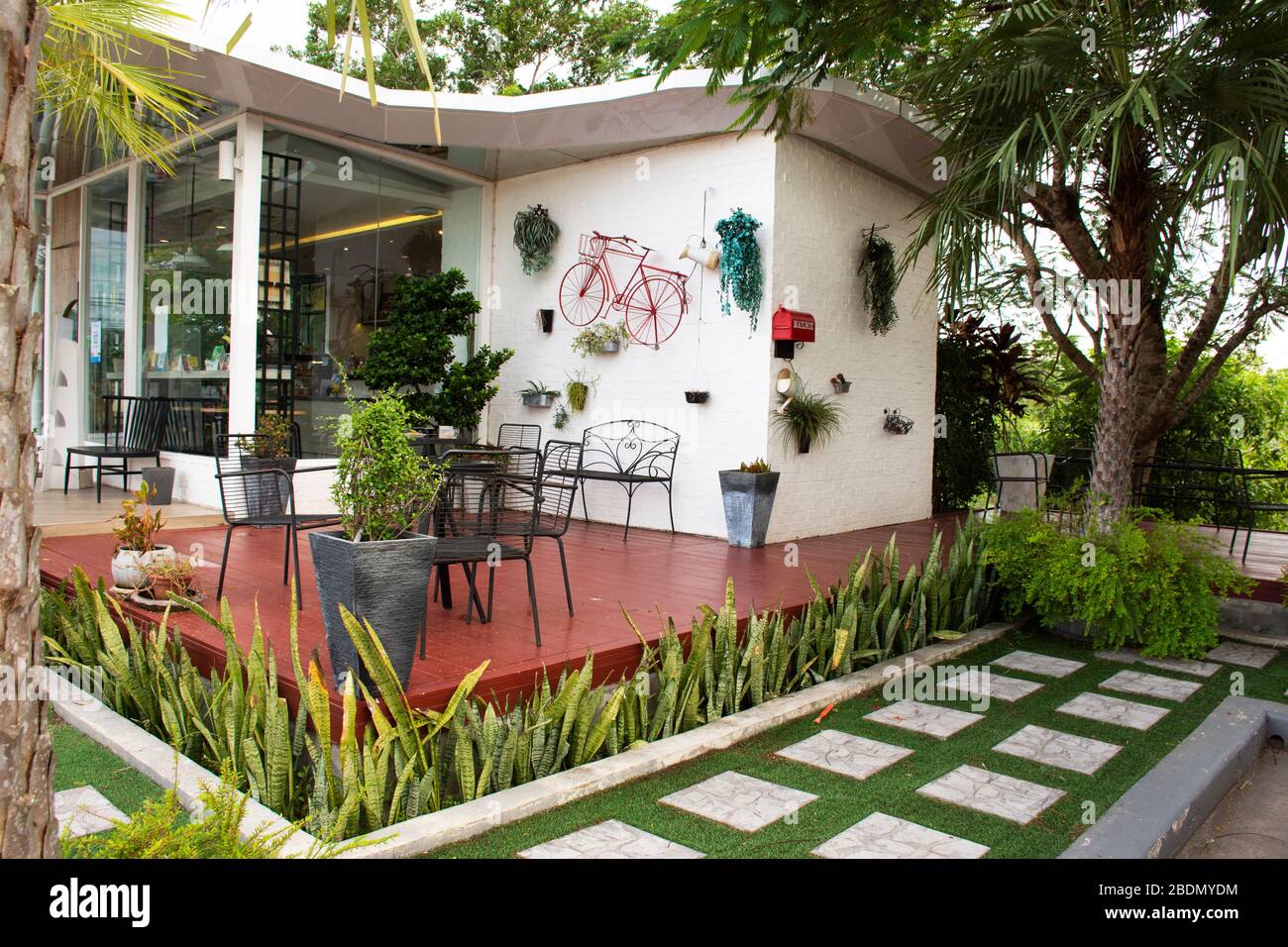 Exterior design and decoration furniture at terrace outdoor of cafe