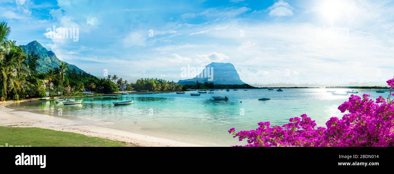 Mauritius landscape with la Gaulette fisherman village and Le Morne