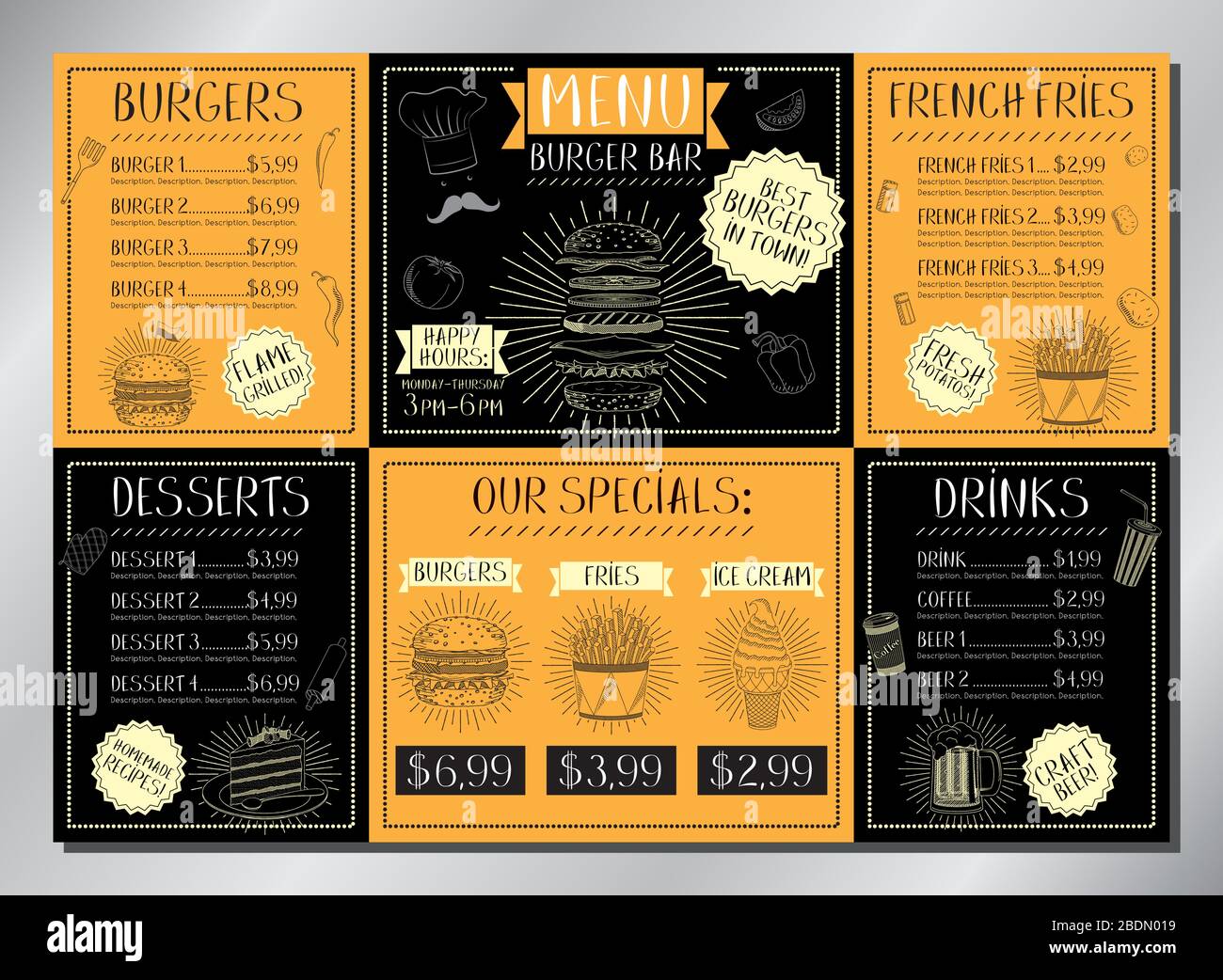 Burger bar card template - table menu (burgers, french fries, desserts, drinks) - A3 size (420x297 mm) Stock Vector