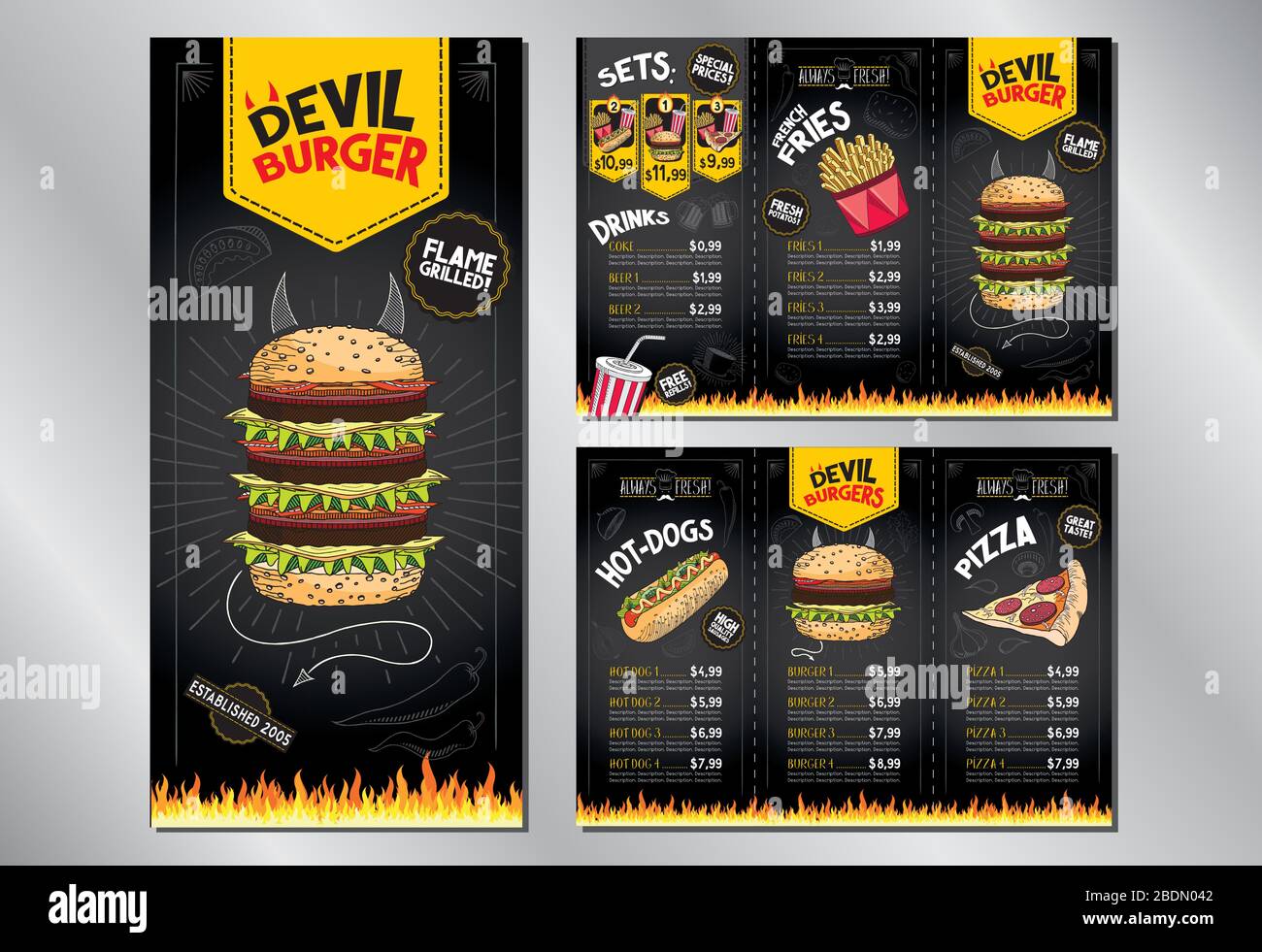Devil burger - restaurant menu card/ template - (burgers, french fries, hot-dogs, pizza, drinks, sets) - 3 x DL (99x210 mm) Stock Vector