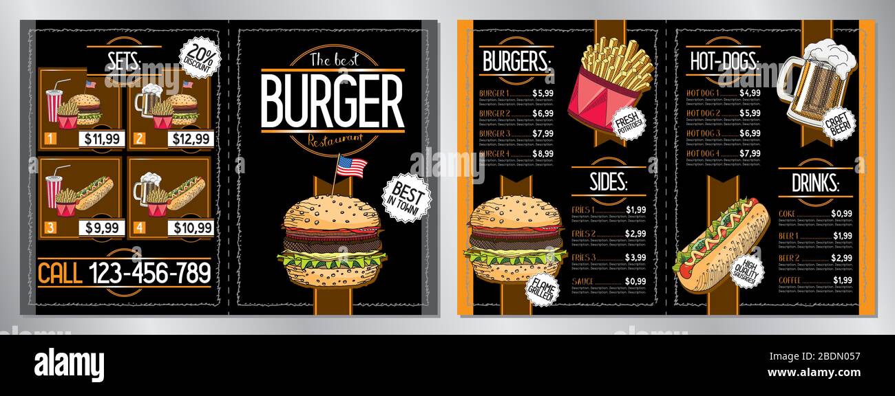 Burger restaurant / bar menu template (burgers, french fries, hotdogs