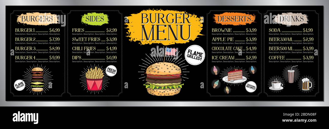Burger bar menu template - price list/ ordering board/ banner (burgers