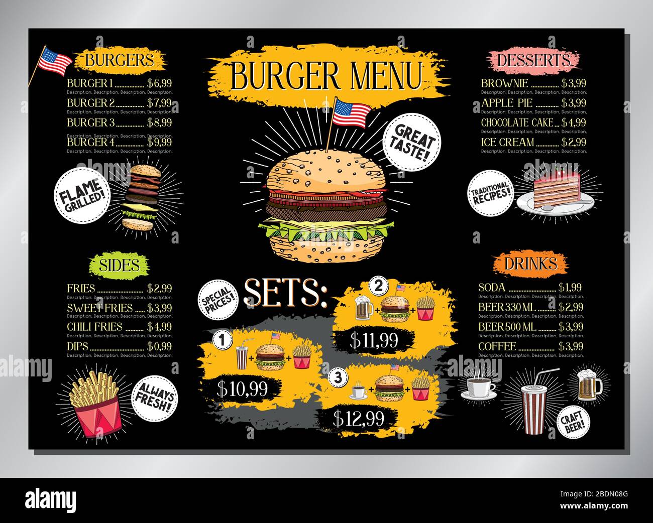 Burger bar card template - table menu (burgers, french fries, desserts, drinks, sets) - A3 size (420x297 mm) Stock Vector