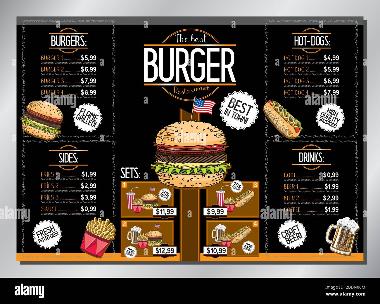 Burger restaurant card template - table menu (burgers, french fries, hot-dogs, drinks, sets) - A3 size (420x297 mm) Stock Vector