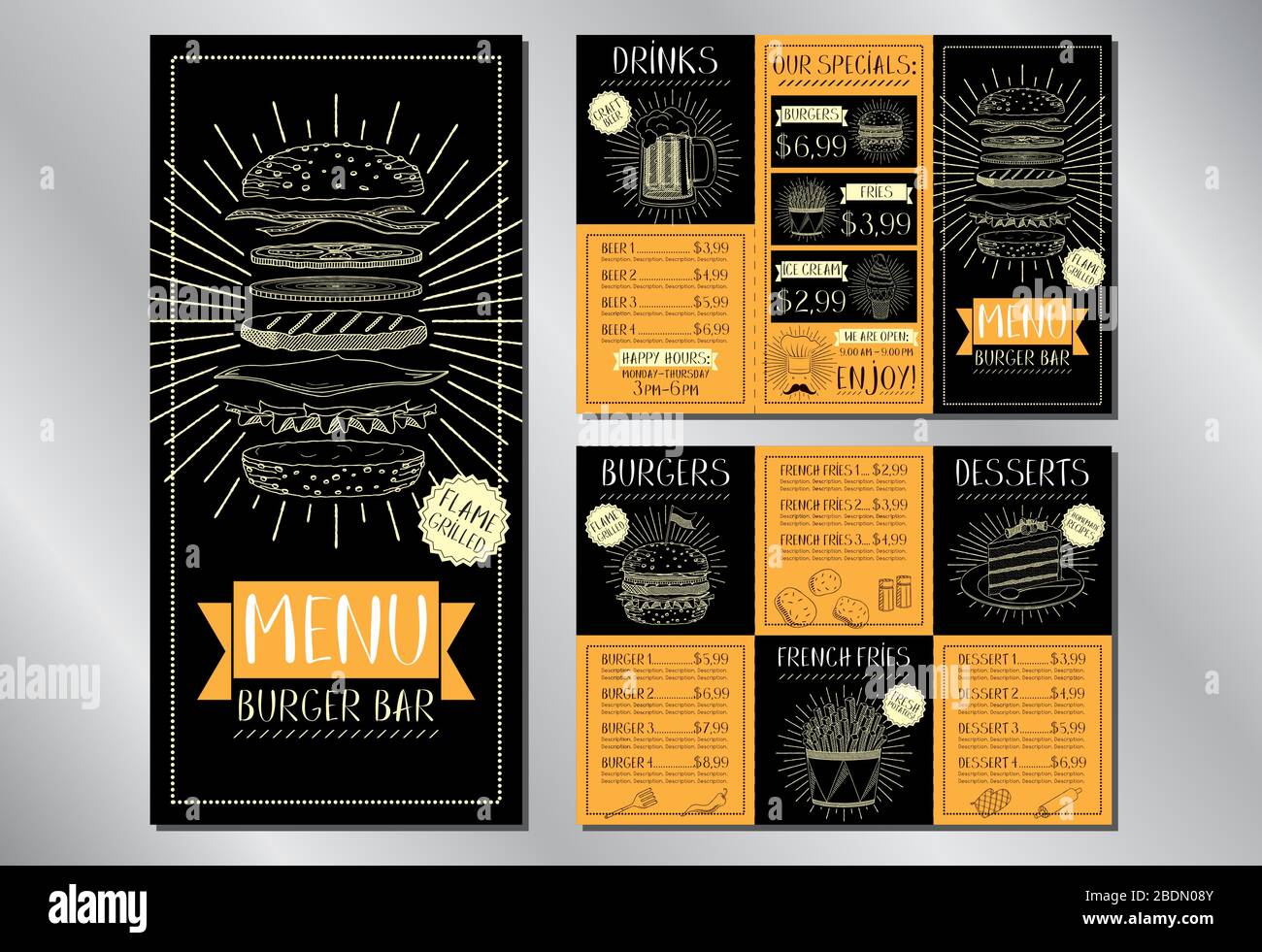 Burger bar menu flyer template (burgers, french fries, desserts, drinks) - 3 x DL (99 x 210 mm) Stock Vector