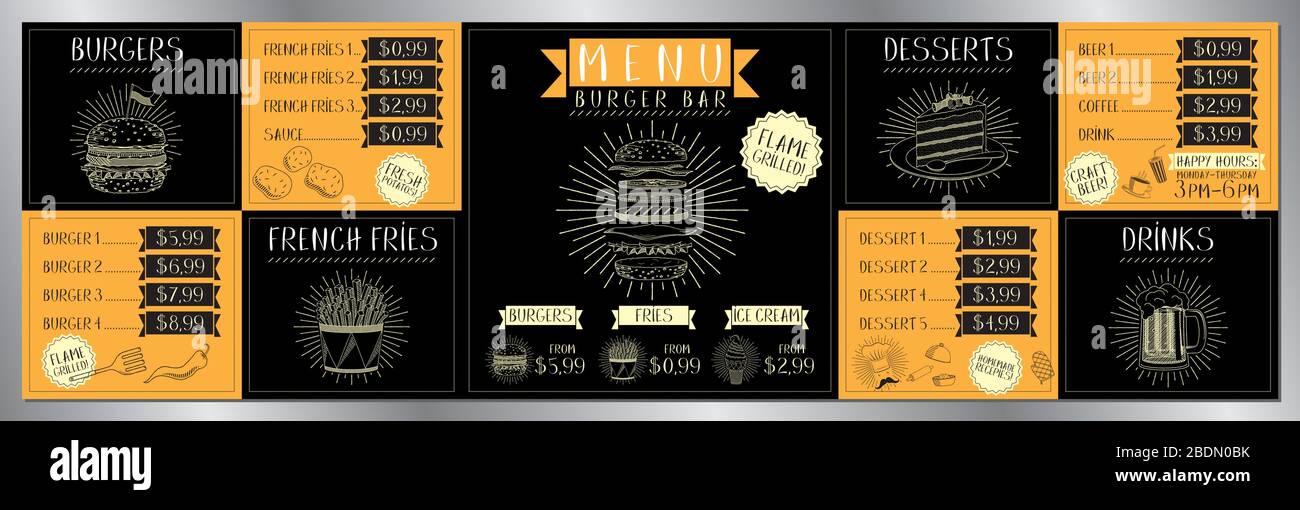 Burger bar menu template price list/ ordering board/ banner (burgers