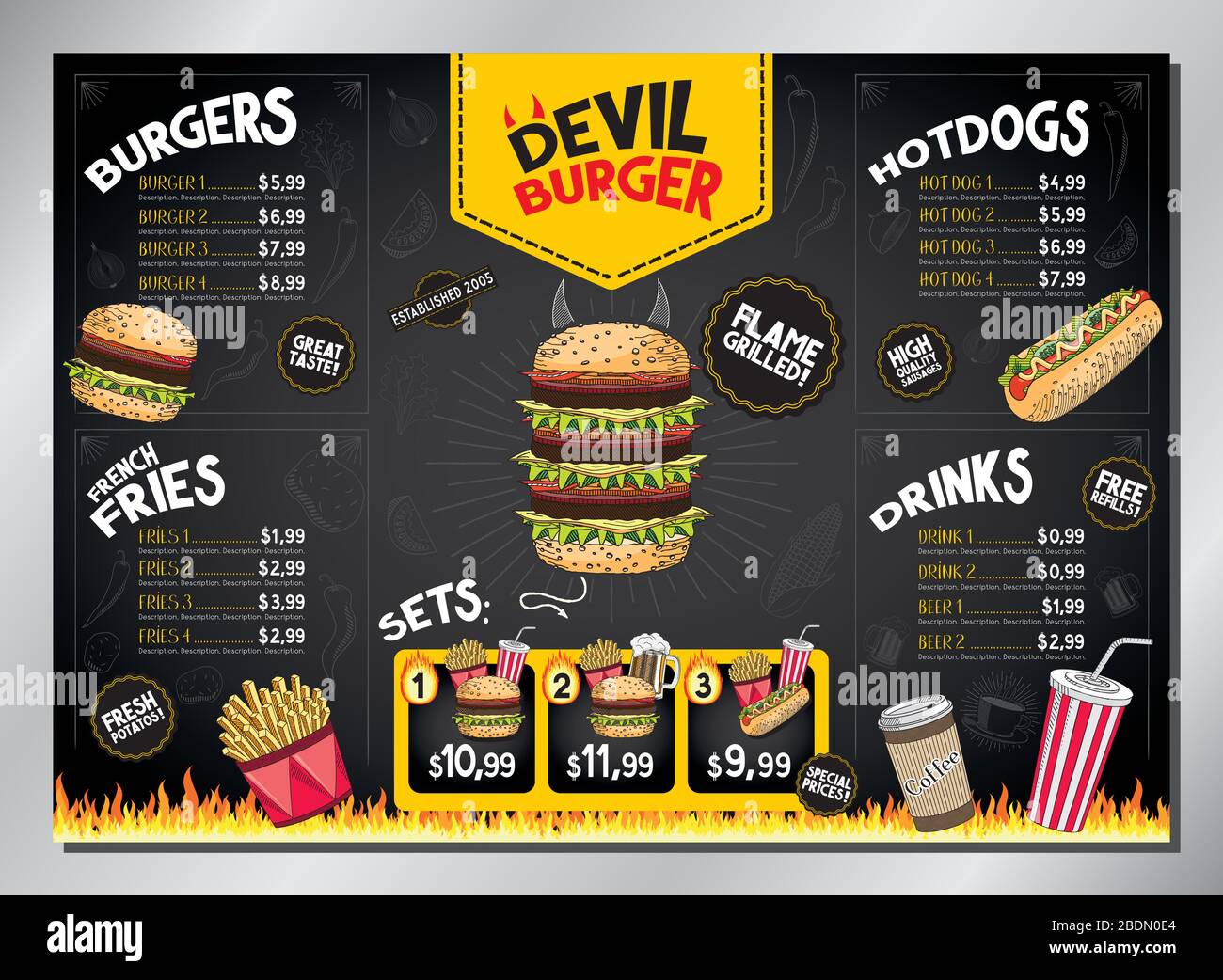 Devil burger card template - table menu (burgers, french fries, hot-dogs, drinks, sets) - A3 size (420x297 mm) Stock Vector