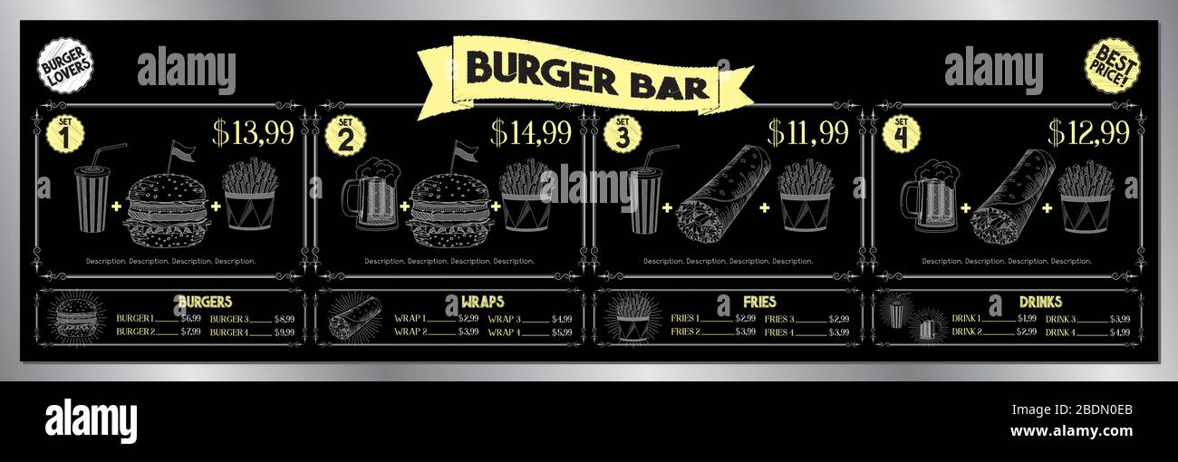 Burger bar menu template price list/ banner (sets, burgers, tortilla