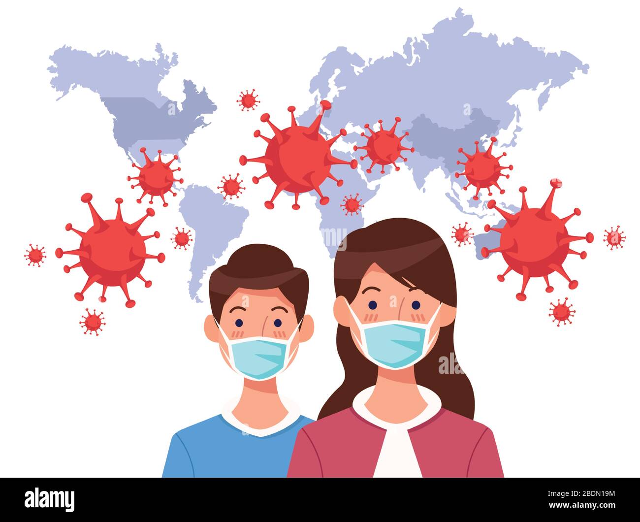 couple using face mask with covid19 particles and earth maps Stock ...