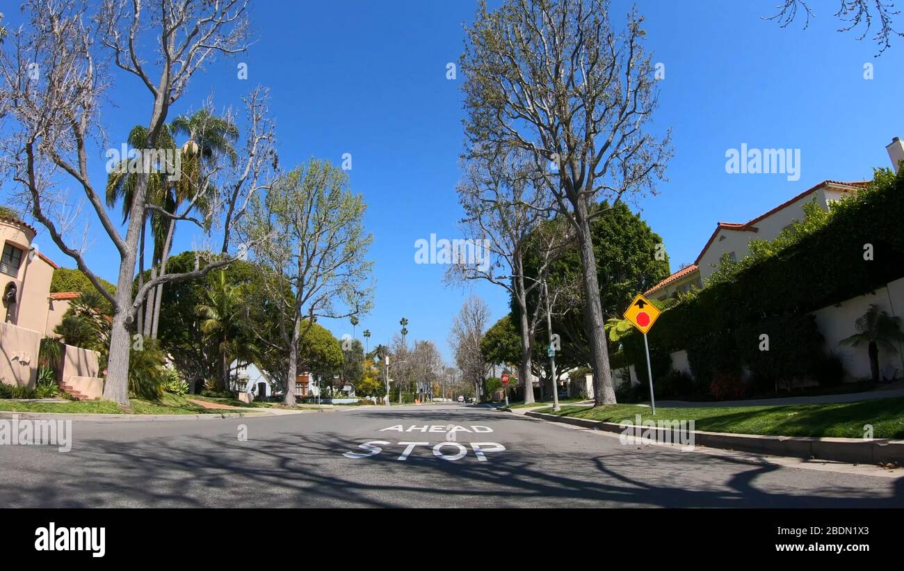Drive through the Palm tree Alleys of Beverly Hills LOS ANGELES. USA MARCH 18, 2019 Stock