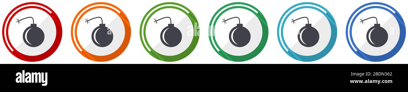 Bomb icon set, flat design vector illustration in 6 colors options for ...