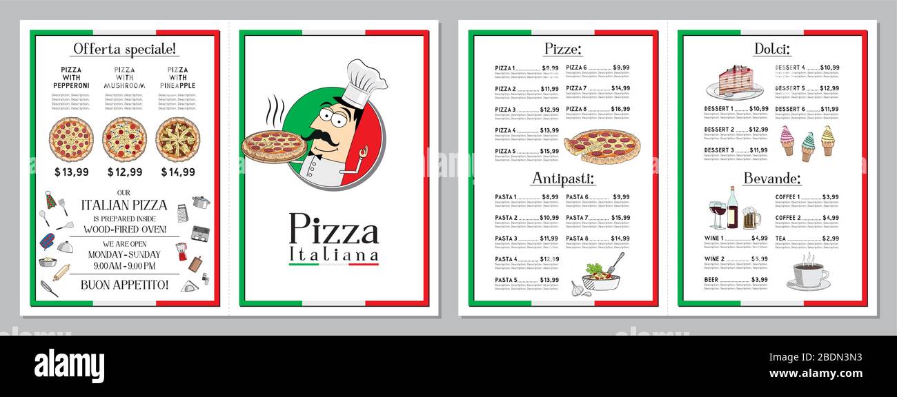 Italian pizza restaurant menu template pizzas, pastas, desserts