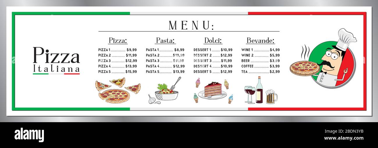 Italian pizza restaurant menu template - price list/ banner (pizzas, pastas, desserts, drinks) - 200 x 60 cm Stock Vector