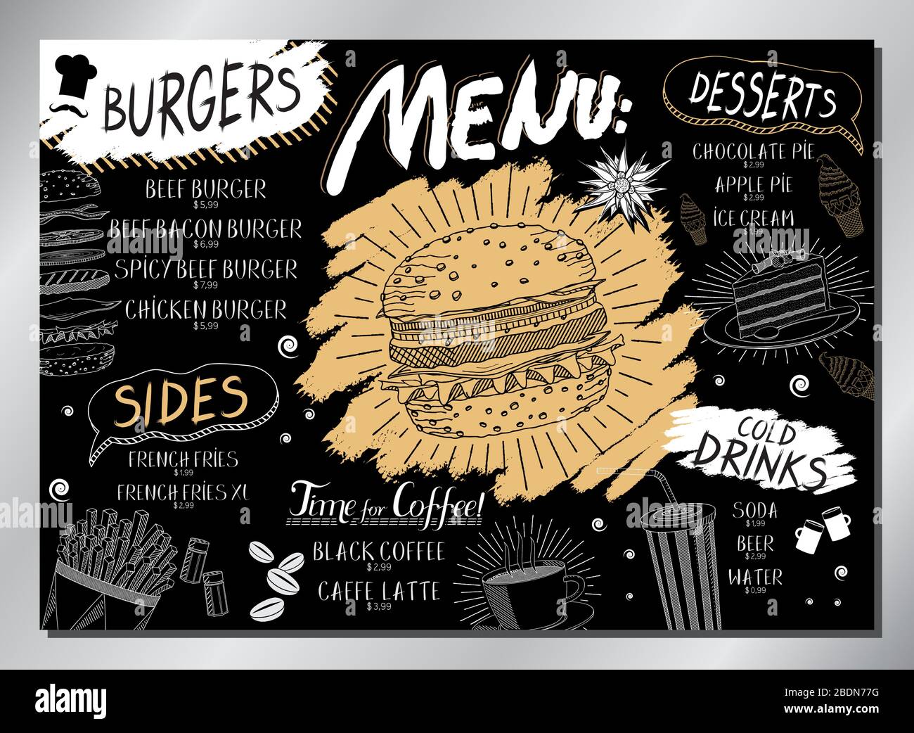 Vintage burger table menu (burgers, french fries, desserts, drinks