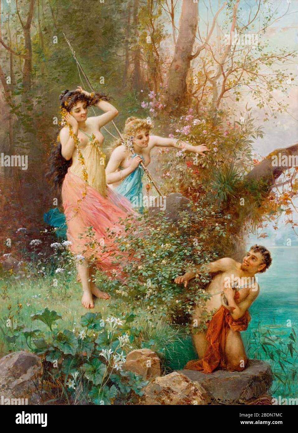 Hans Zatzka - Zwei Nymphen mit Angelrute entdecken einen Faun. Stock Photo