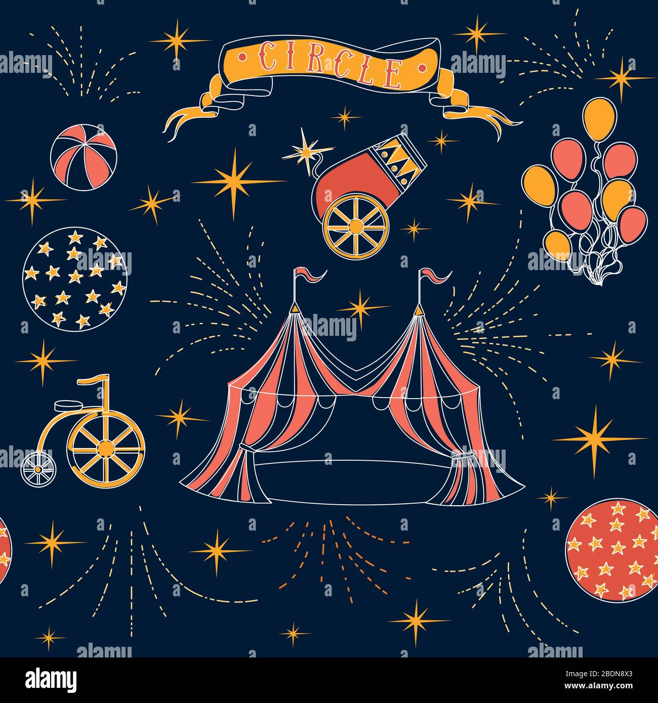 Seamless pattern outline circus icons collection linear style flat vector illustration on dark background Stock Vector