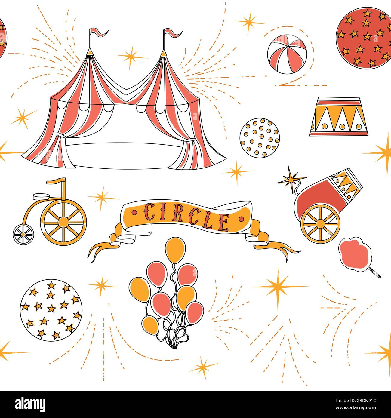 Seamless pattern outline circus icons collection linear style flat vector illustration on white background Stock Vector