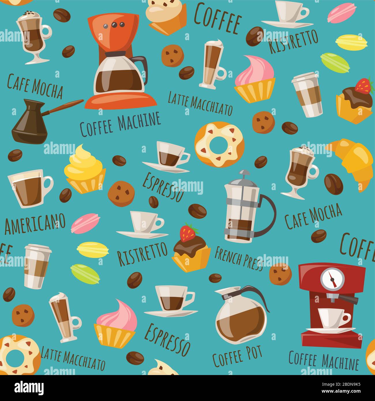 Vector seamless pattern with coffee food and drink elements Stock Vector