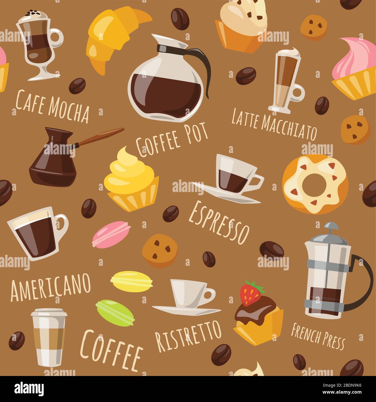 Vector seamless pattern with coffee food and drink elements Stock Vector