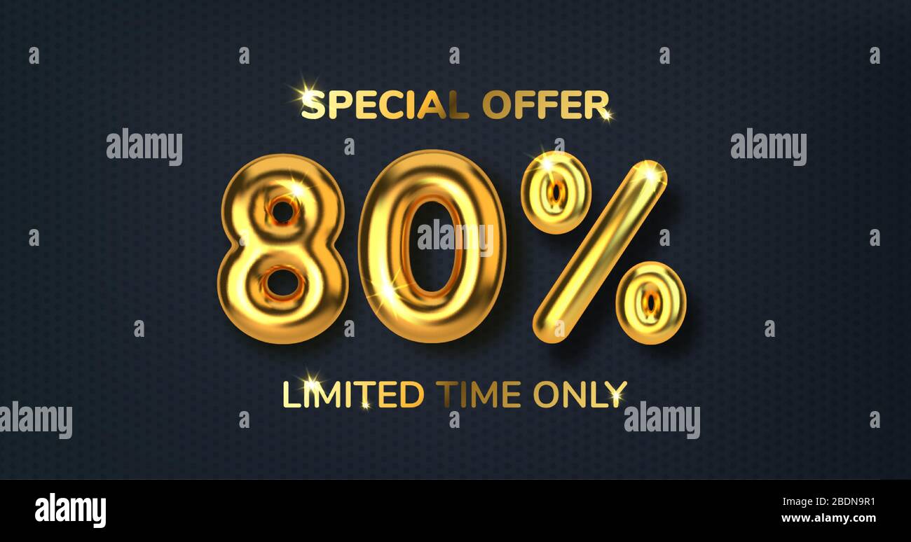 80 off discount promotion sale made of realistic 3d gold balloons. Number in the form of golden balloons. Template for products, advertizing, web Stock Vector