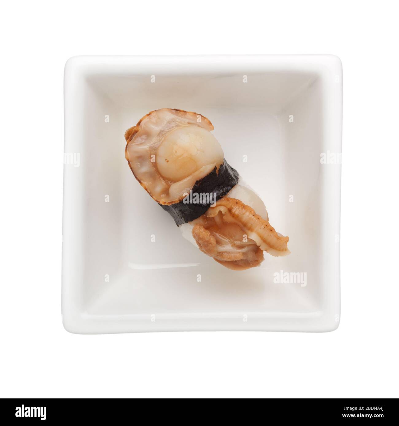 Sushi - Grilled hotate nigiri in a square bowl isolated on white background Stock Photo