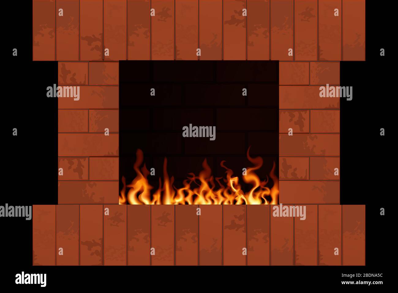 Brick fireplace with flame. Indoors home interior vector illustration. Stock Vector
