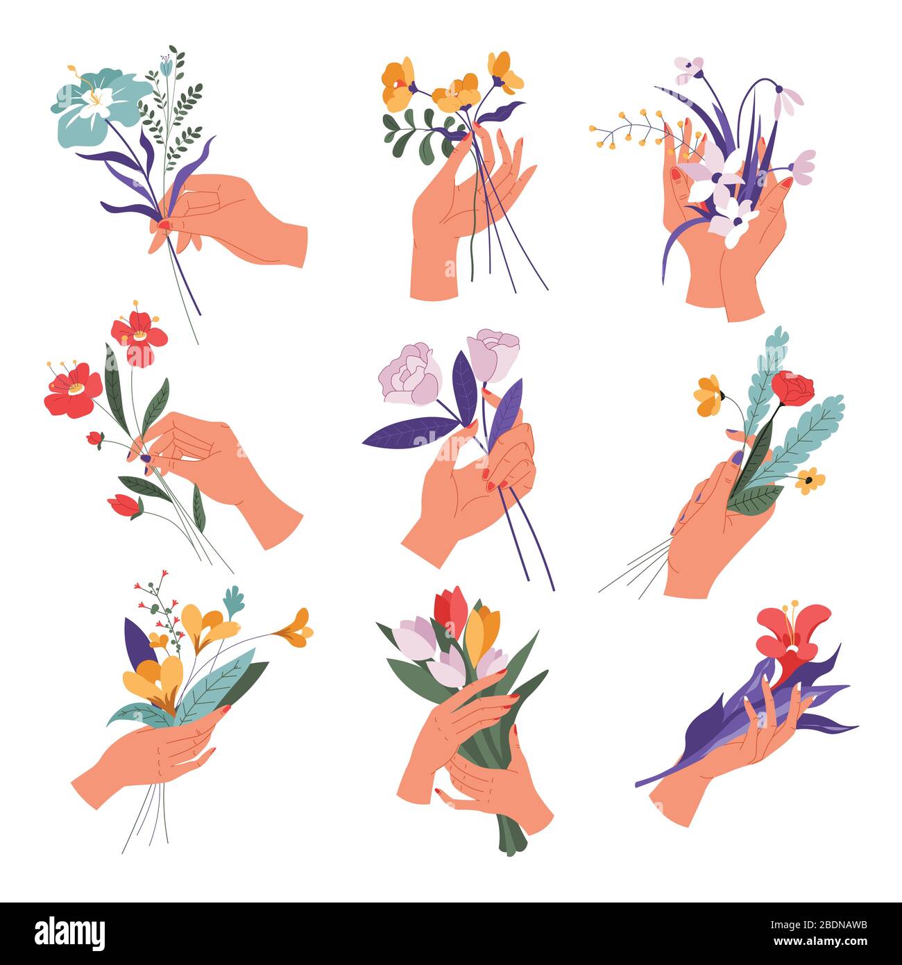 Female hand holding flower bouquets in bloom set Stock Vector