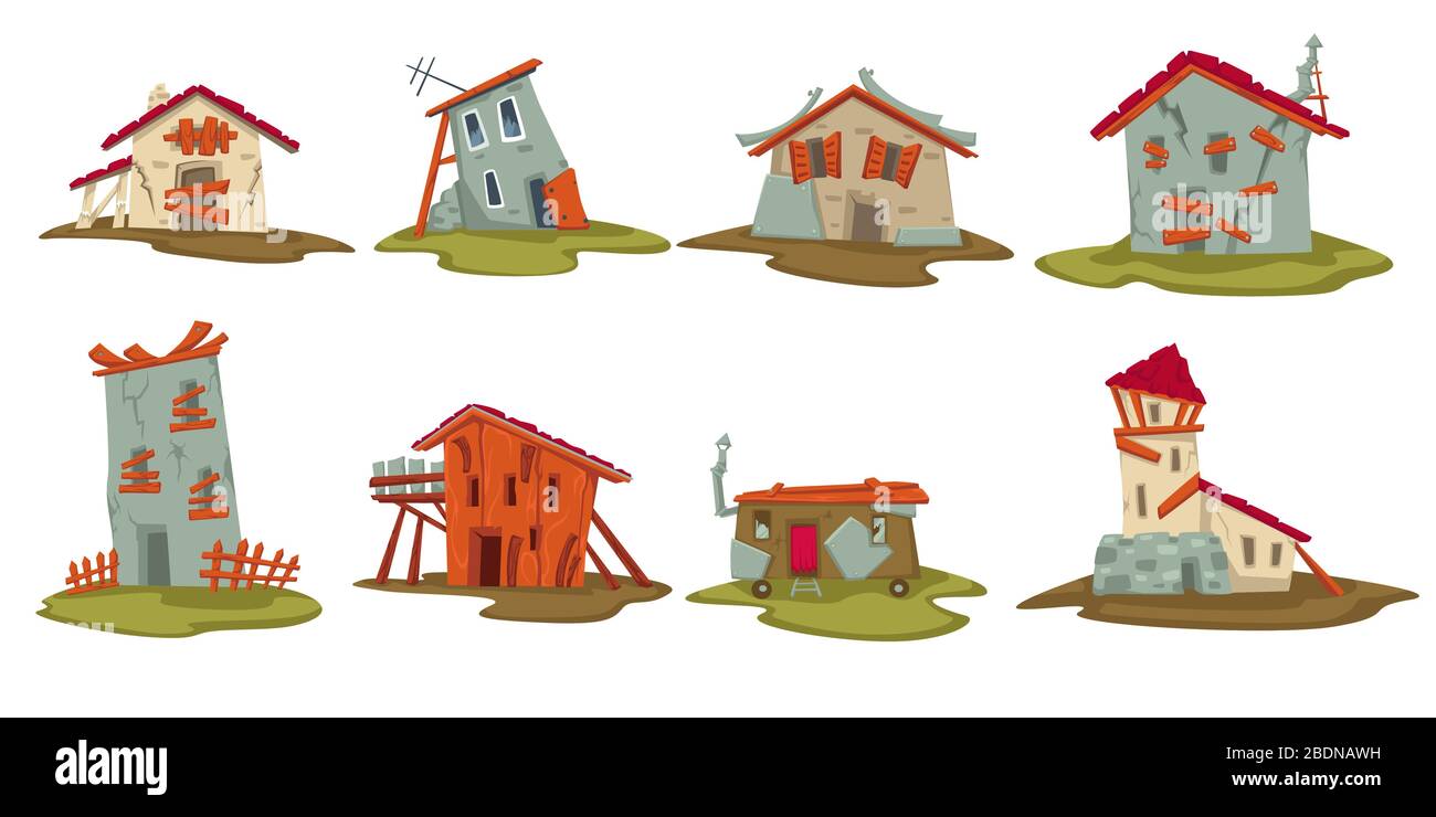 Old houses or barns in rural area, sheds set Stock Vector