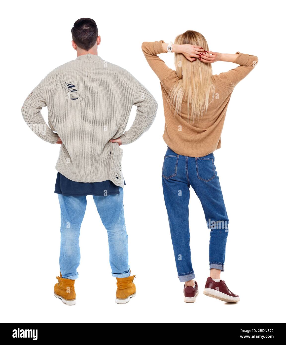 Back view couple in sweater. beautiful man and woman. Rear view people ...