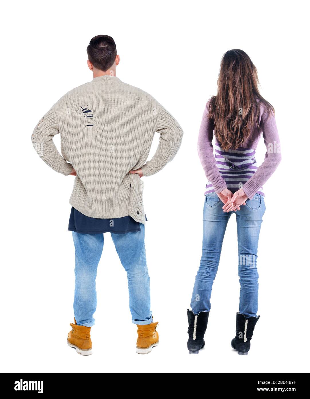 Back view couple in sweater. beautiful man and woman. Rear view people ...