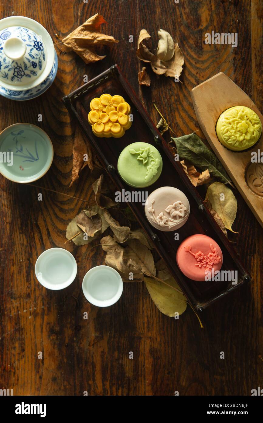 The moon cake with Chinese style tea cups Stock Photo
