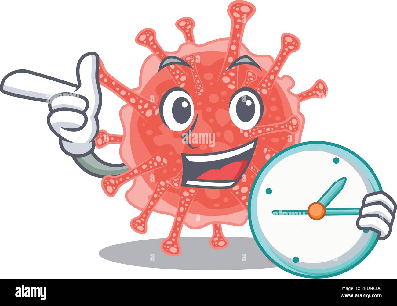 Oncovirus mascot design concept smiling with clock Stock Vector