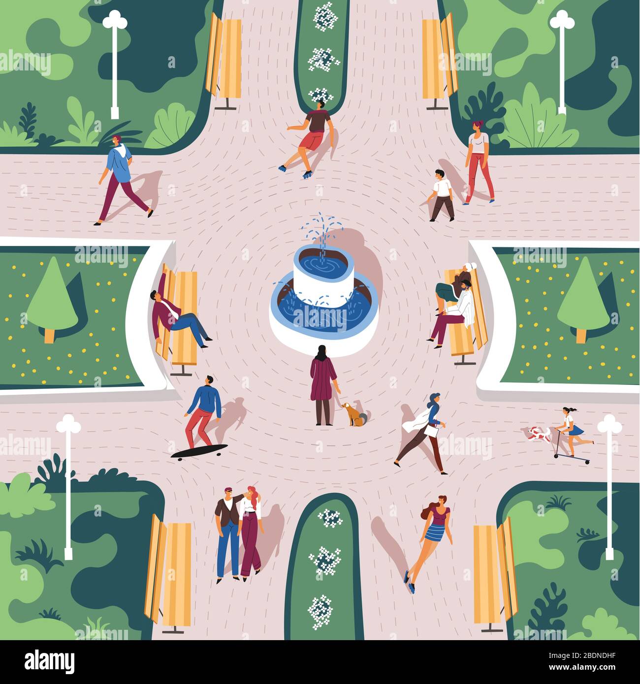 Park with citizens in summer, view from top Stock Vector