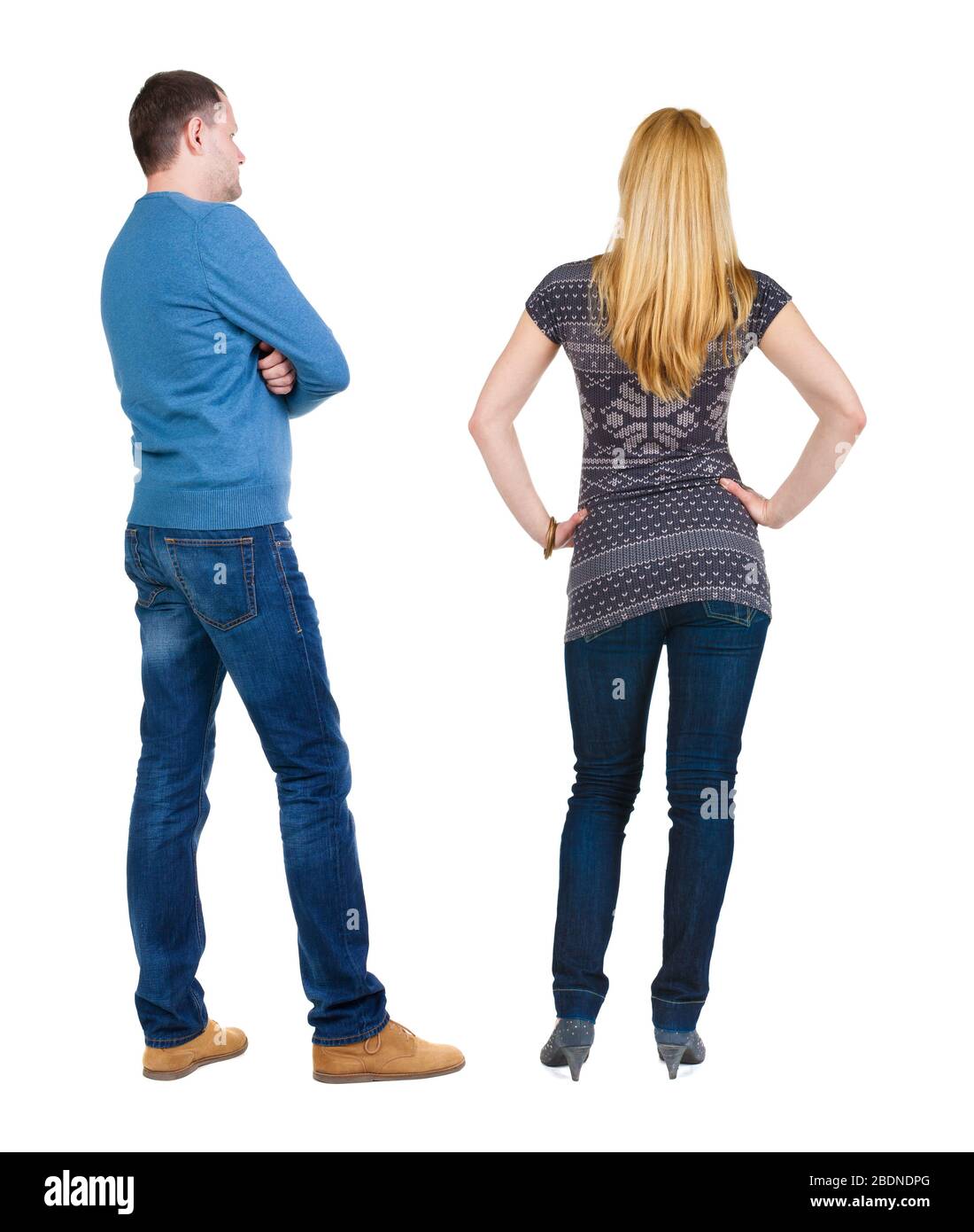 Back view couple in sweater. beautiful man and woman. Rear view people ...