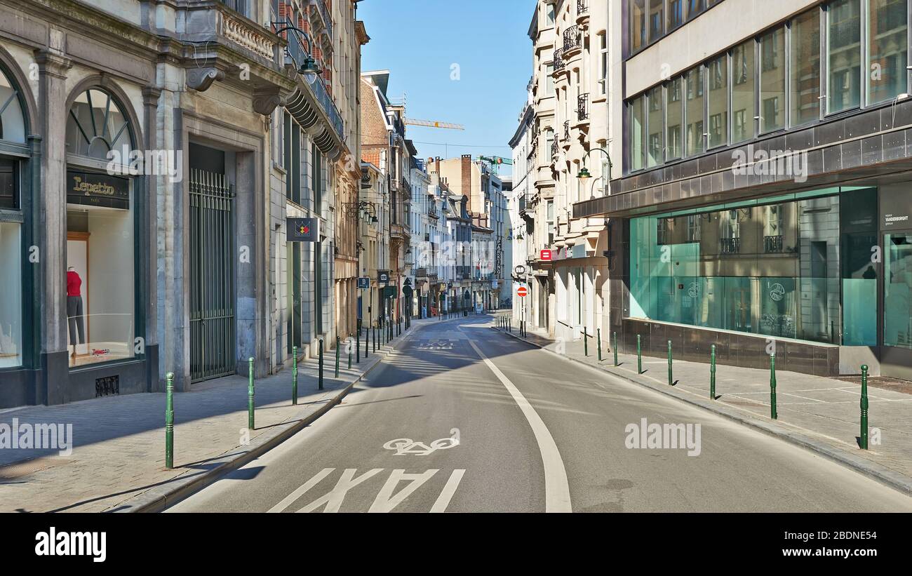 Brussels, Belgium - April 05, 2020: The Arenberg street at Brussels without any people and during the confinement period. Stock Photo
