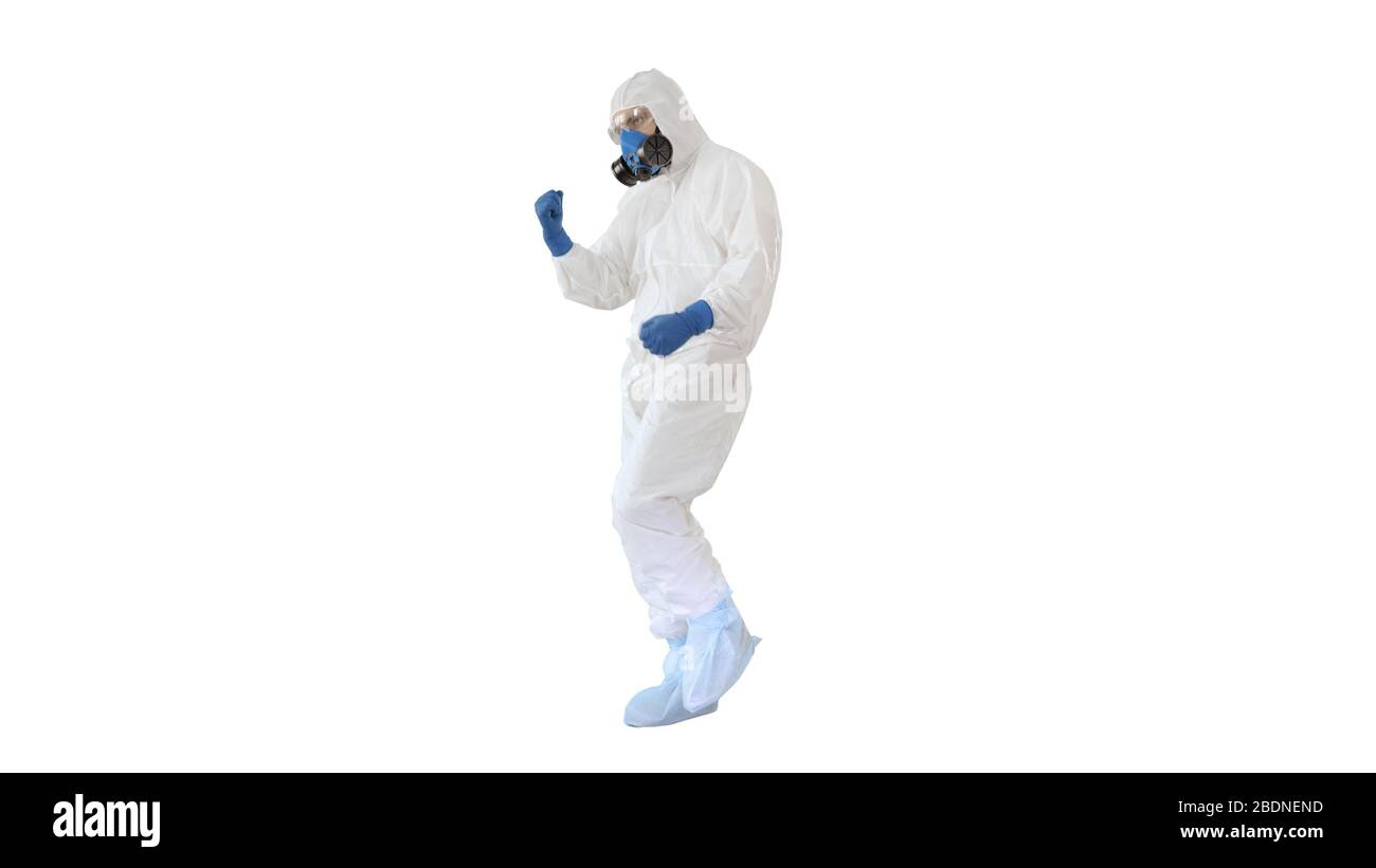 Doctor in hazard clothes making several win gestures on white ba Stock Photo