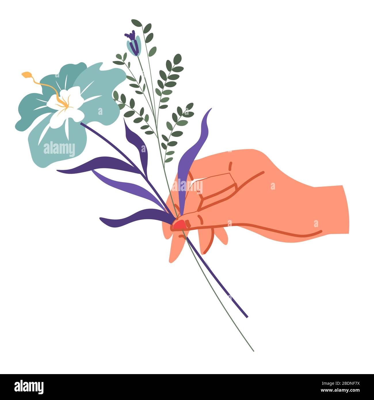 Female hand holding flower in bloom with leaves Stock Vector Image ...